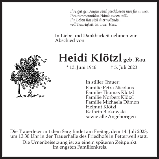 Traueranzeige von Heidi Klötzl von Wetterauer Zeitung, Bad Vilbel/Karben
