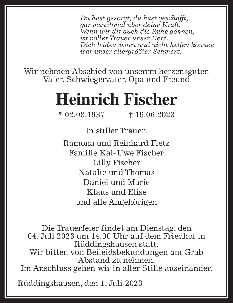  Traueranzeige für Heinrich Fischer vom 01.07.2023 aus Giessener Allgemeine, Alsfelder Allgemeine