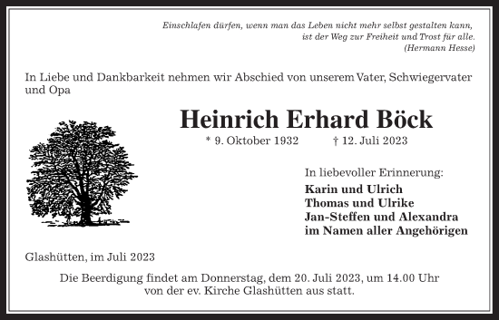 Traueranzeige von Heinrich Erhard Böck von Kreis-Anzeiger