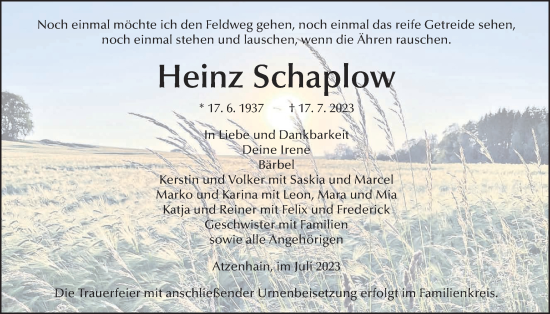 Traueranzeige von Heinz Schaplow von Giessener Allgemeine, Alsfelder Allgemeine
