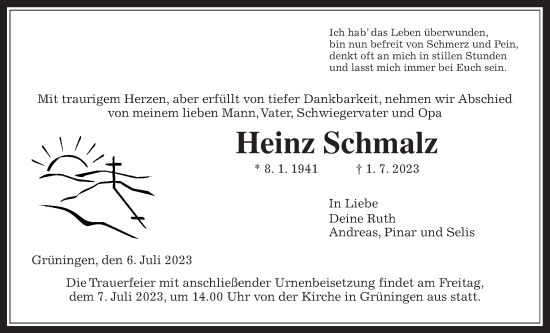 Traueranzeige von Heinz Schmalz von Giessener Allgemeine, Alsfelder Allgemeine