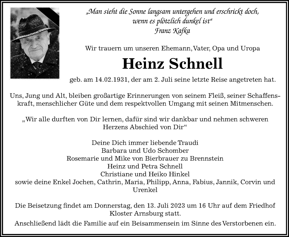  Traueranzeige für Heinz Schnell vom 11.07.2023 aus Giessener Anzeiger, Giessener Allgemeine, Alsfelder Allgemeine