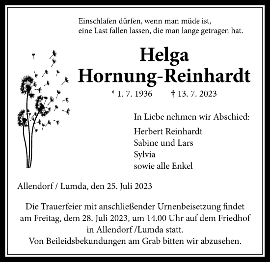 Traueranzeige von Helga Hornung-Reinhardt von Giessener Allgemeine, Alsfelder Allgemeine, Allendorfer Mitteilungen