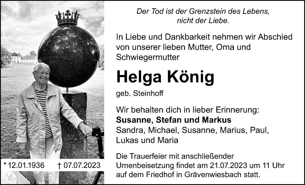  Traueranzeige für Helga König vom 15.07.2023 aus Usinger Anzeiger