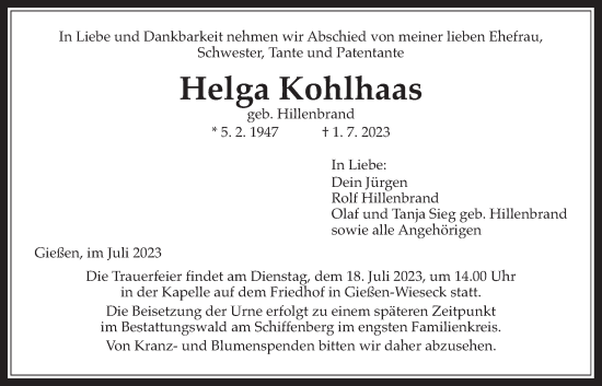 Traueranzeige von Helga Kohlhaas von Giessener Anzeiger, Giessener Allgemeine, Alsfelder Allgemeine