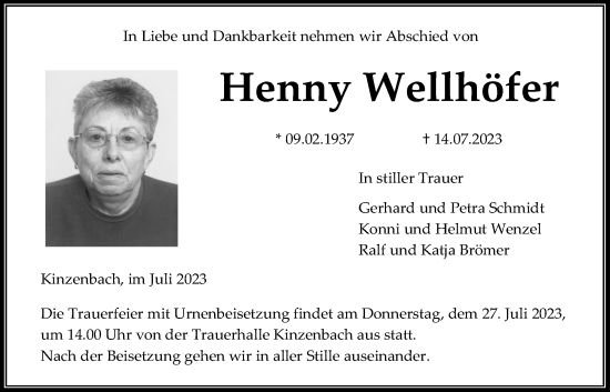 Traueranzeige von Henny Wellhöfer von Giessener Allgemeine, Alsfelder Allgemeine