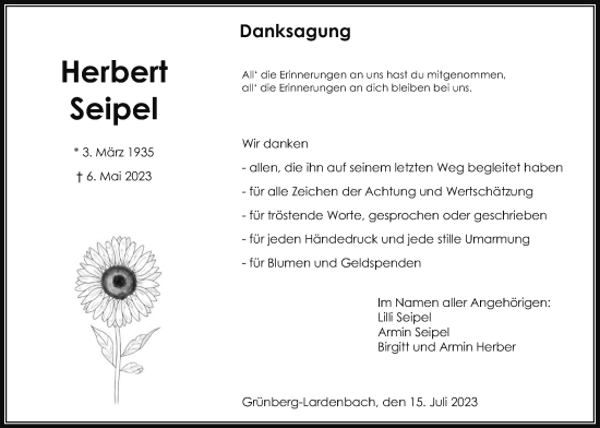 Traueranzeige von Herbert Seipel von Giessener Anzeiger, Giessener Allgemeine, Alsfelder Allgemeine