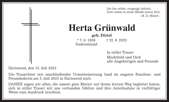 Traueranzeige von Herta Grünwald von Giessener Allgemeine, Alsfelder Allgemeine