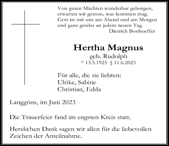 Traueranzeige von Hertha Magnus von Giessener Anzeiger, Giessener Allgemeine, Alsfelder Allgemeine