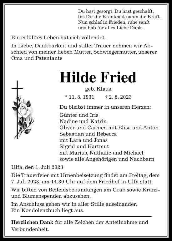 Traueranzeige von Hilde Fried von Kreis-Anzeiger