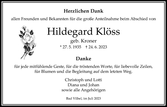 Traueranzeige von Hildegard Klöss von Bad Vilbel/Karben