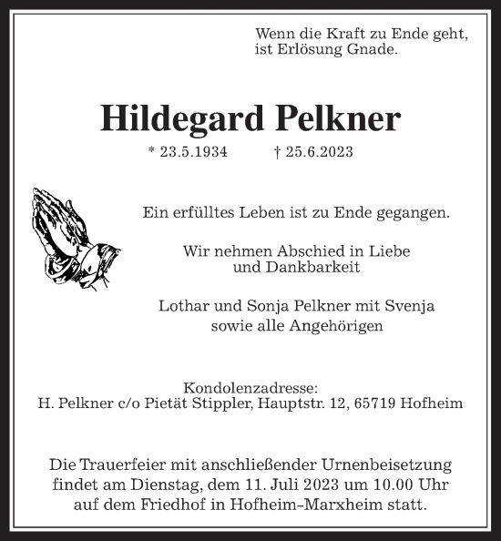 Traueranzeige von Hildegard Pelkner 