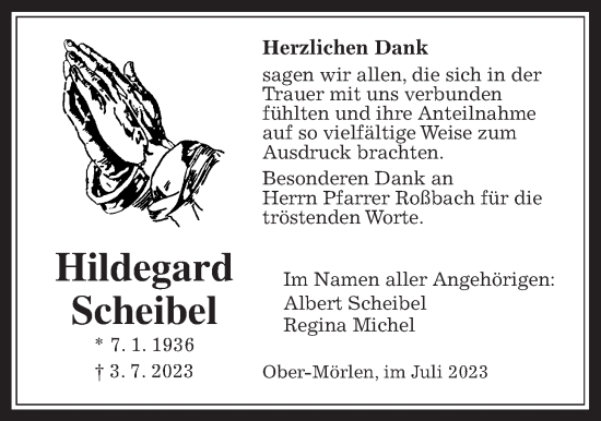 Traueranzeige von Hildegard Scheibel von Wetterauer Zeitung