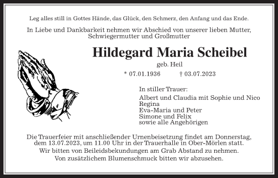 Traueranzeige von Hildegard Maria Scheibel von Wetterauer Zeitung