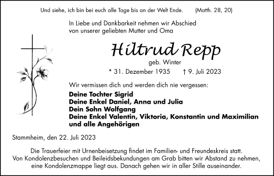 Traueranzeige von Hiltrud Repp von Kreis-Anzeiger
