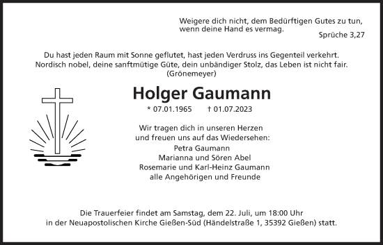 Traueranzeige von Holger Gaumann von Giessener Anzeiger, Giessener Allgemeine, Alsfelder Allgemeine