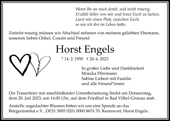 Traueranzeige von Horst Engels von Bad Vilbel/Karben