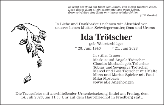Traueranzeige von Ida Trötscher von Wetterauer Zeitung