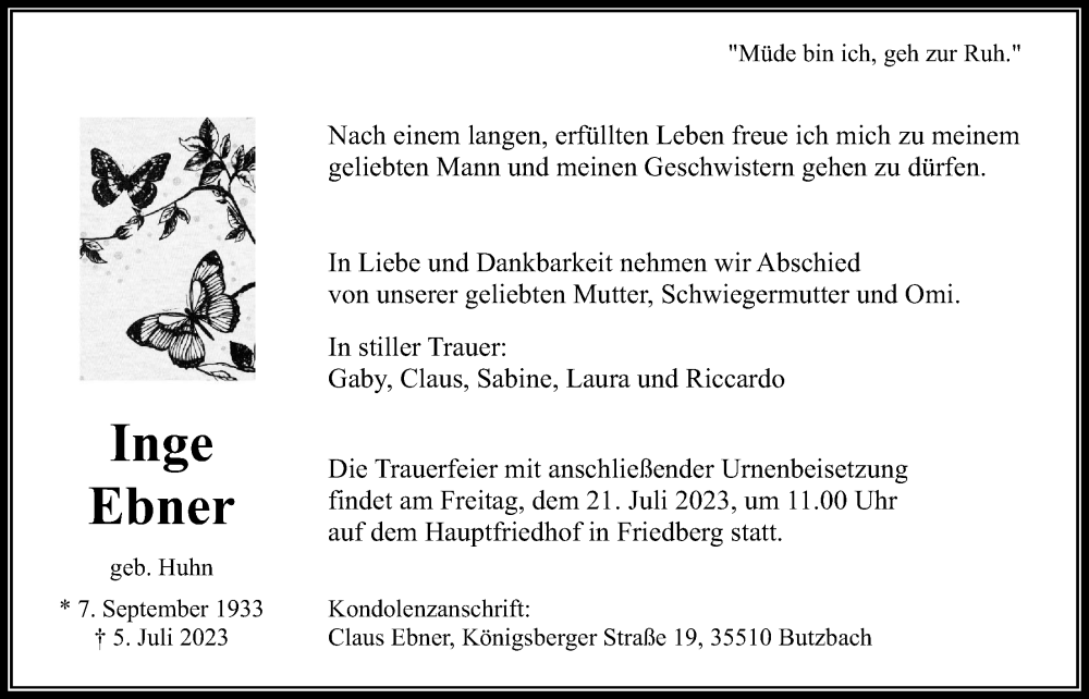  Traueranzeige für Inge Ebner vom 15.07.2023 aus Wetterauer Zeitung