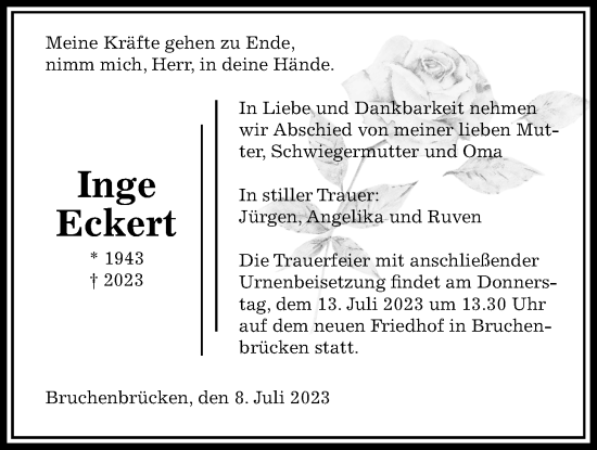 Traueranzeige von Inge Eckert von Wetterauer Zeitung