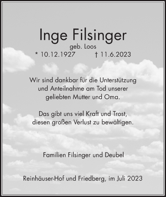 Traueranzeige von Inge Filsinger von Kreis-Anzeiger