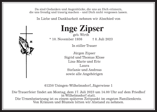 Traueranzeige von Inge Zipser von Usinger Anzeiger