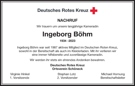 Traueranzeige von Ingeborg Böhm von Karbener Zeitung, Bad Vilbeler Anzeiger
