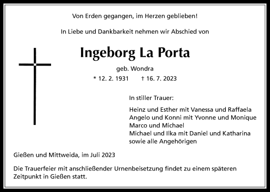 Traueranzeige von Ingeborg La Porta von Giessener Allgemeine, Alsfelder Allgemeine