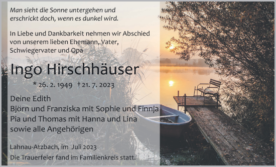 Traueranzeige von Ingo Hirschhäuser von Giessener Anzeiger