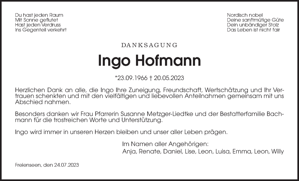  Traueranzeige für Ingo Hofmann vom 29.07.2023 aus Laubacher Anzeiger, Heimatzeitung Grünberg + Laubach, Giessener Allgemeine, Alsfelder Allgemeine