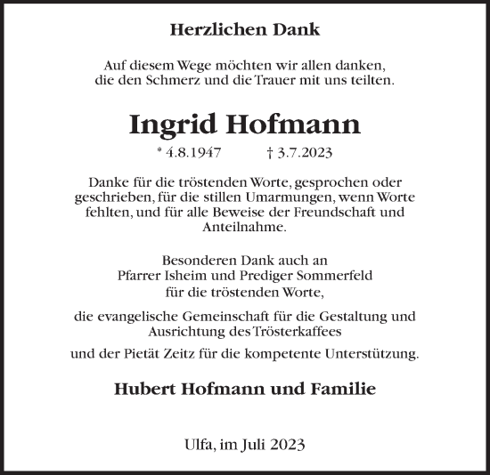 Traueranzeige von Ingrid Hofmann von Kreis-Anzeiger