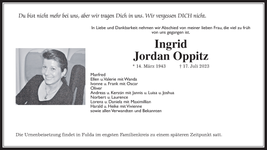 Traueranzeige von Ingrid Jordan Oppitz von Kreis-Anzeiger