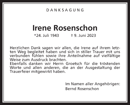 Traueranzeige von Irene Rosenschon von Wetterauer Zeitung