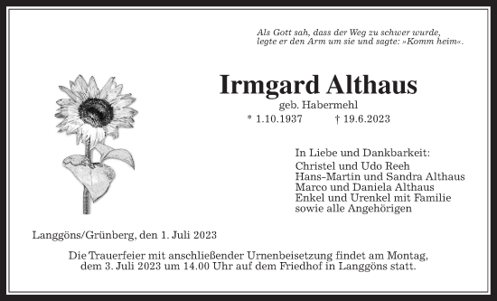 Traueranzeige von Irmgard Althaus von Giessener Anzeiger, Giessener Allgemeine, Alsfelder Allgemeine