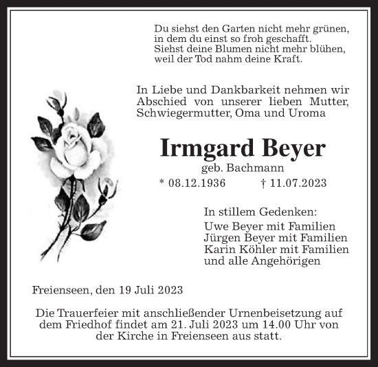 Traueranzeige von Irmgard Beyer von Giessener Allgemeine, Alsfelder Allgemeine, Laubacher Anzeiger