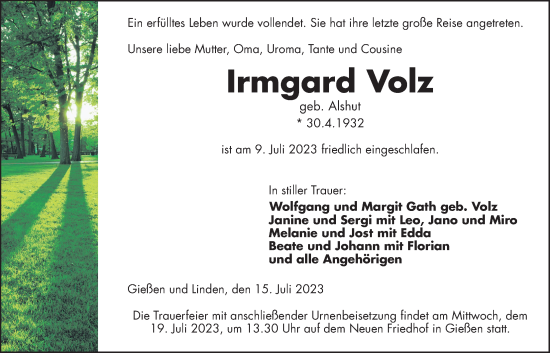 Traueranzeige von Irmgard Volz von Giessener Anzeiger, Giessener Allgemeine, Alsfelder Allgemeine