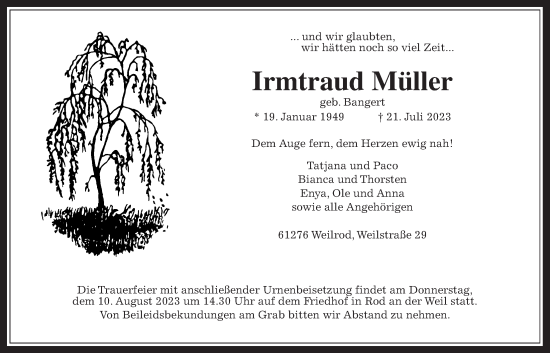 Traueranzeige von Irmtraud Müller von Usinger Anzeiger