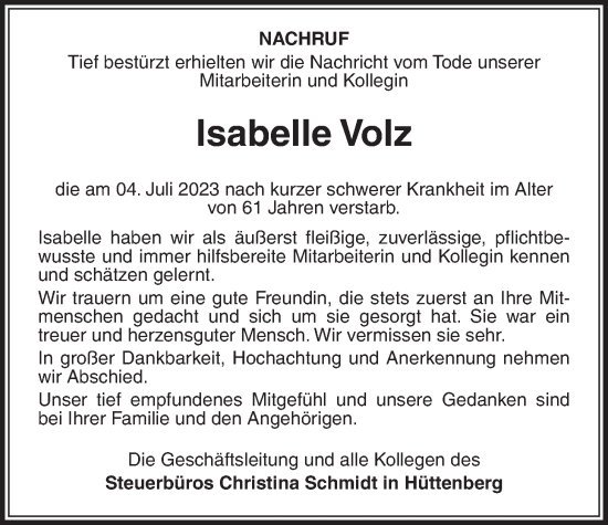 Traueranzeige von Isabelle Volz von Giessener Anzeiger, Giessener Allgemeine, Alsfelder Allgemeine