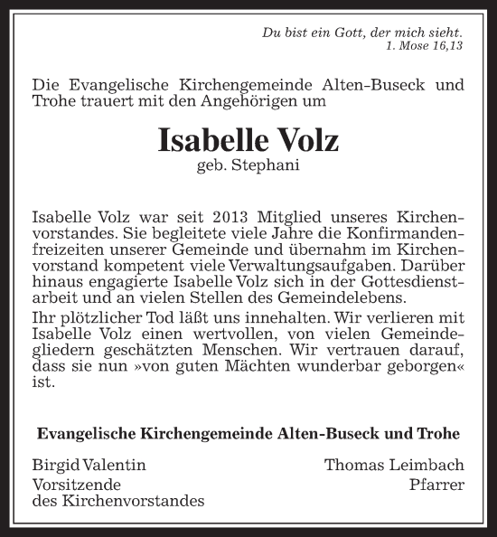 Traueranzeige von Isabelle Volz von Giessener Anzeiger, Giessener Allgemeine, Alsfelder Allgemeine