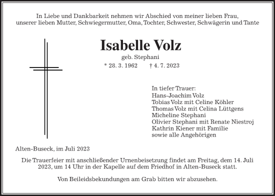 Traueranzeige von Isabelle Volz von Giessener Anzeiger, Giessener Allgemeine, Alsfelder Allgemeine