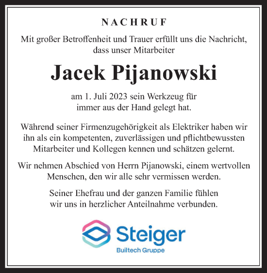 Traueranzeige von Jacek Pijanowski von Giessener Allgemeine, Alsfelder Allgemeine