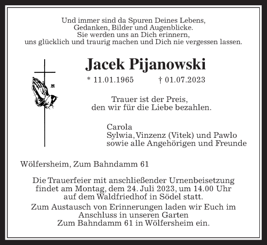 Traueranzeige von Jacek Pijanowski von Wetterauer Zeitung