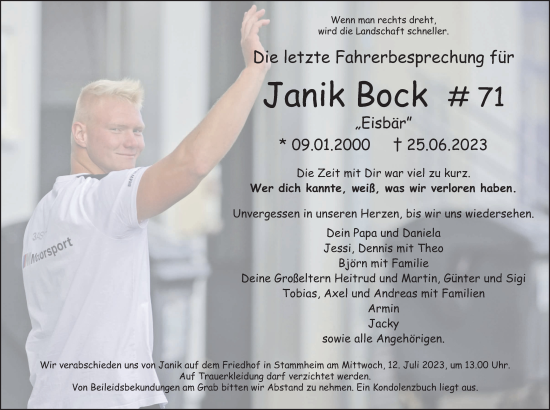 Traueranzeige von Janik Bock von Kreis-Anzeiger, Wetterauer Zeitung