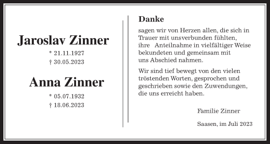 Traueranzeige von Jaroslav Zinner von Giessener Anzeiger, Giessener Allgemeine, Alsfelder Allgemeine
