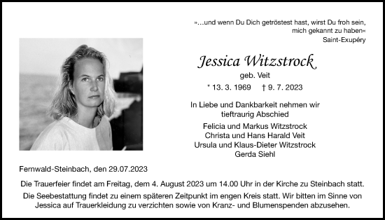 Traueranzeige von Jessica Witzstrock von Giessener Allgemeine, Alsfelder Allgemeine, Giessener Anzeiger