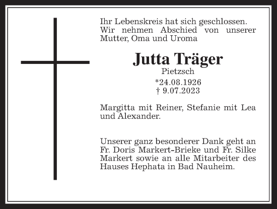 Traueranzeige von Jutta Träger von Wetterauer Zeitung