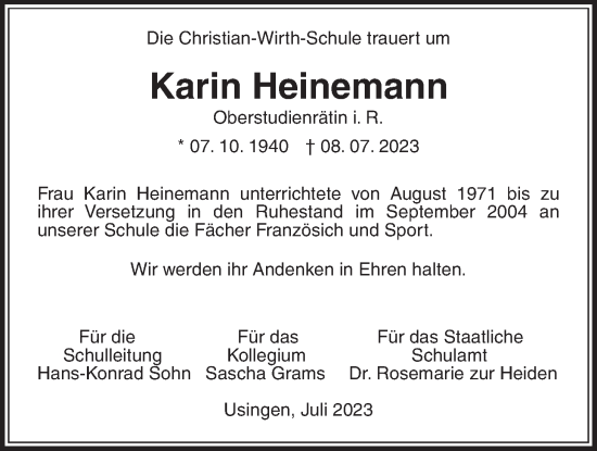 Traueranzeige von Karin Heinemann von Usinger Anzeiger