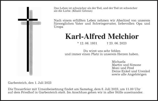 Traueranzeige von Karl-Alfred Melchior von Giessener Anzeiger, Giessener Allgemeine, Alsfelder Allgemeine, Pohlheimer Nachrichten