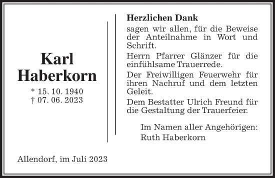 Traueranzeige von Karl Haberkorn von Allendorfer Mitteilungen