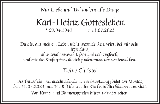 Traueranzeige von Karl-Heinz Gottesleben von Giessener Allgemeine, Alsfelder Allgemeine